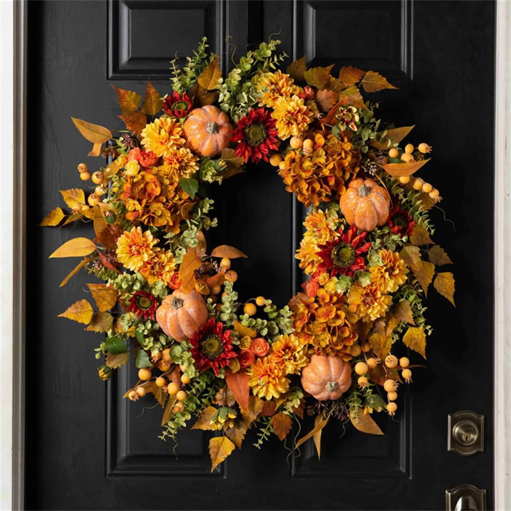 Autumn Hydrangea Pumkins Fall Wreaths for Front Door 45 CM Artificial Door Wreath for Thanksgiving Harvest Halloween Decorations Wall Window Party Wedding Decor Indoor Outdoor (Orange)