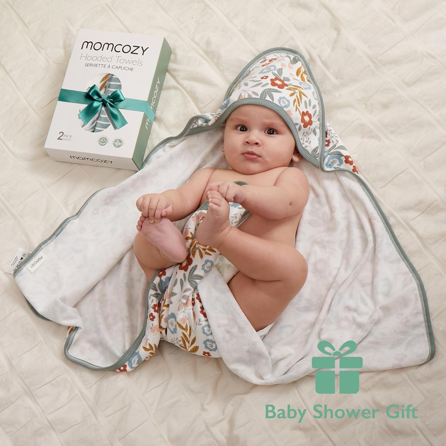 Momcozy Baby Towel with Hooded-2 Pack Soft Bath Towel Set-Shower Gifts or Bath Essential for Infant,Newborn, Toddler (28 X 28 Inch, Petite Blossom) - Image 6