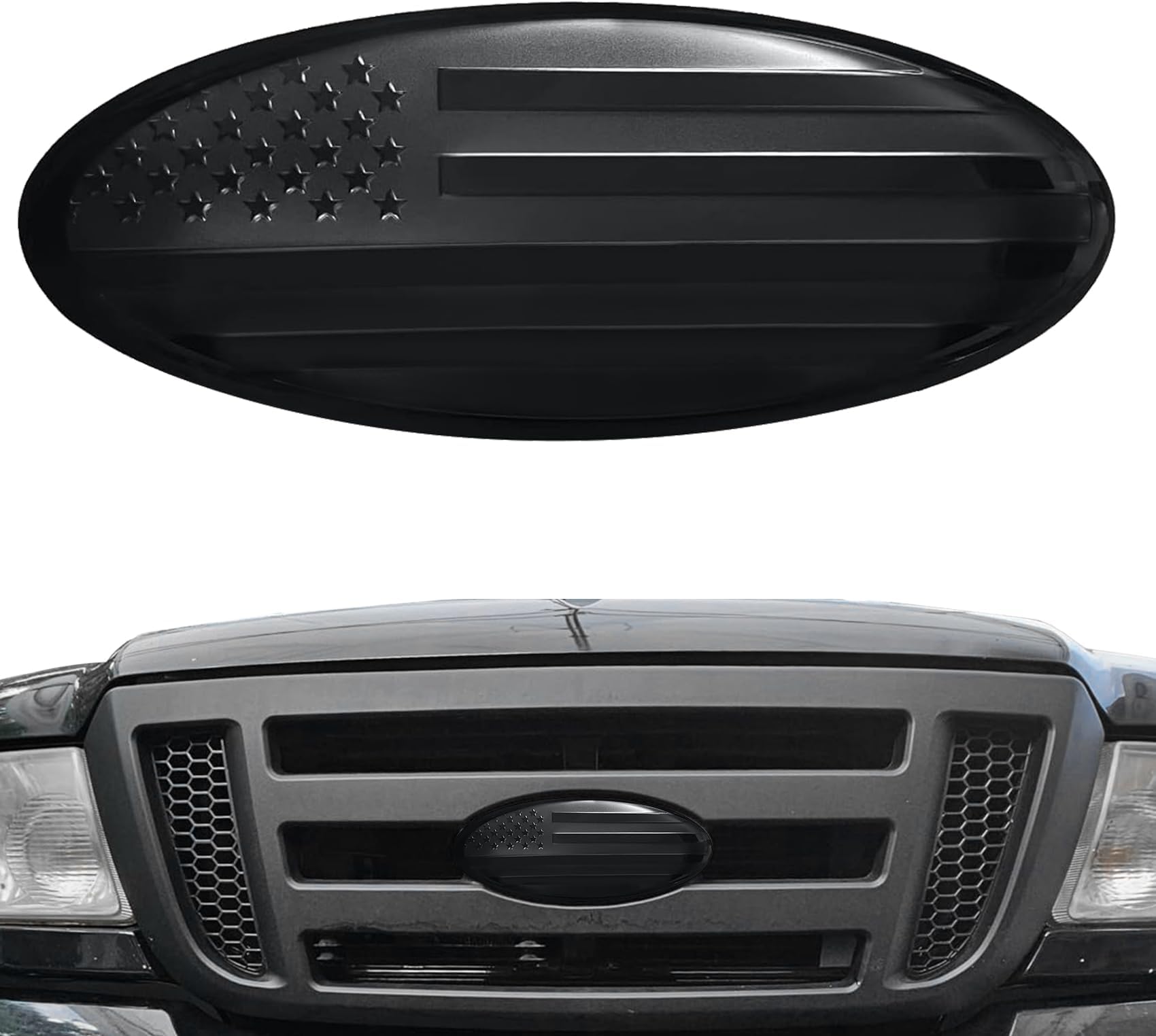 9 Inch Front Grille American Flag Emblem, Car Front Badge for Ford F150 F250 F350 Edge Explorer Ranger Expedition (Black)