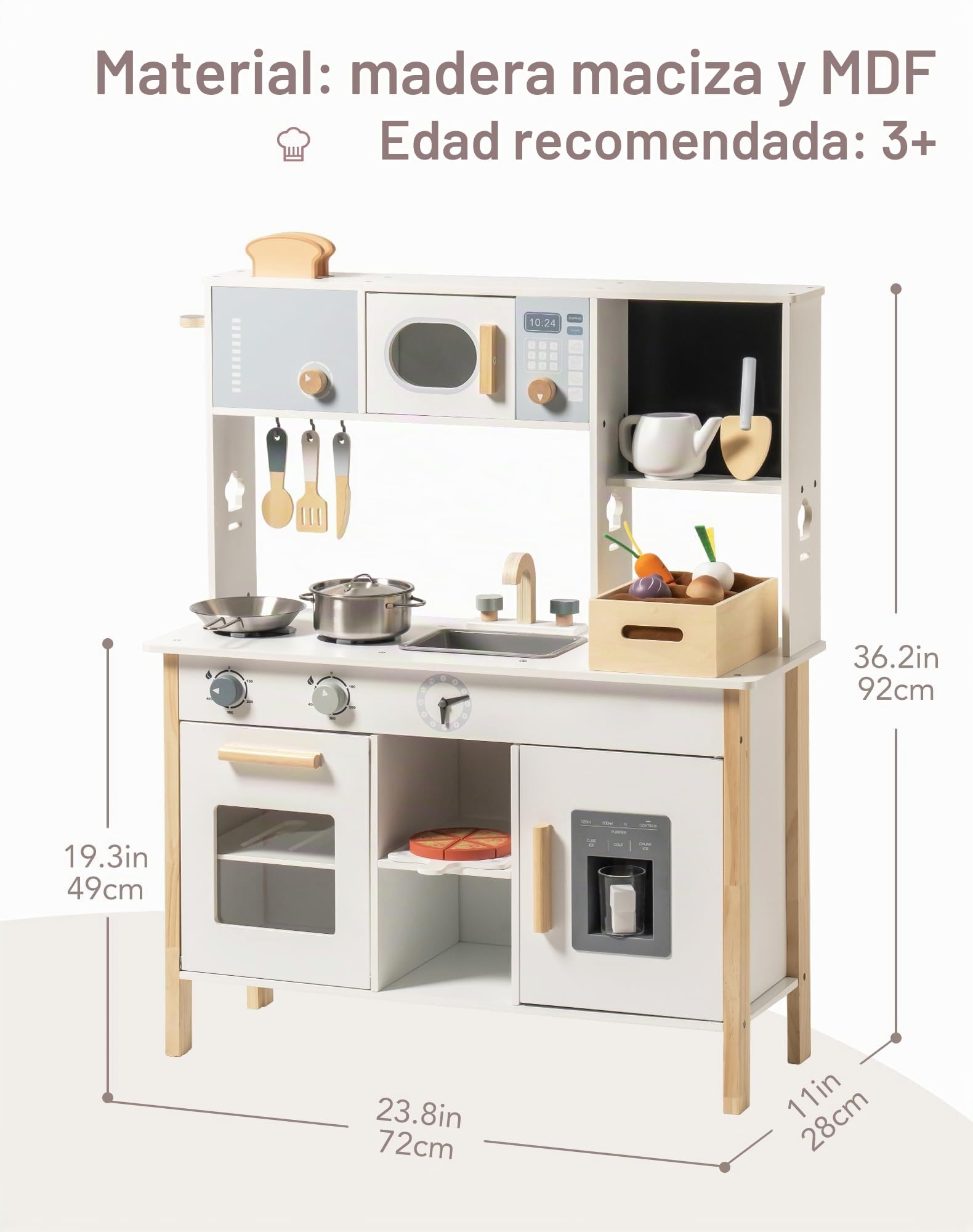 ROBOTIME Cocina Juguete de Madera con Huerto y Accesorios para 3+ | Con Tostadora, Máquina de Hielo, Alimentos para Cortar y Pizza, para Juego de Rol y Regalo Infantil