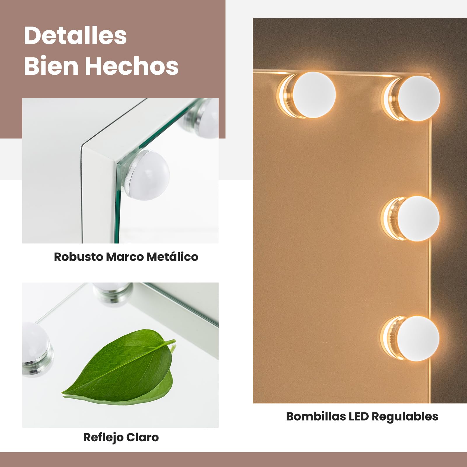 COSTWAY Espejo de Maquillaje Hollywood con 14 Bombillas LED, 3 Modos de Iluminación Ajustables, Luz Camerino, Control Táctil, 50 x 12 x 43 cm