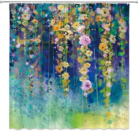 Amazon 抽象的な水彩画の花のシャワーカーテン黄色ピンクの花アイビー春の花自然野生の花風景緑青の装飾生地浴室カーテン フックesと防水ポリエステル 165x180 Cm シャワーカーテン ホーム キッチン オンライン通販