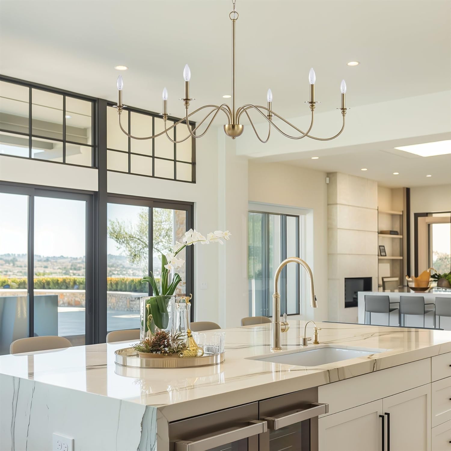 Kira Home Archer 47" 6-Light Large Modern Chandelier + Curved Arms, Adjustable Hanging Height, Cool Brass Finish