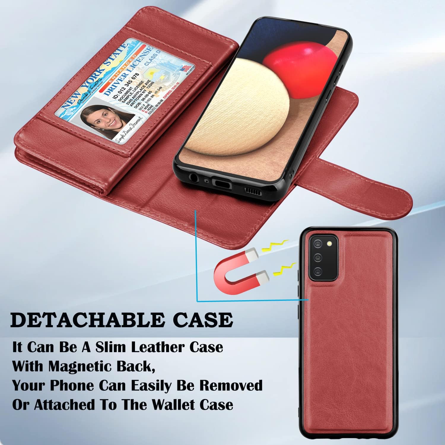 Takfox Galaxy A02S Case, for Samsung A02S Wallet Case PU Leather Flip Case Cover with Magnetic Closure [9 Card Slots] ID Card Holder and Kickstand for Women Men Folio Detachable Phone Case-Wine Red