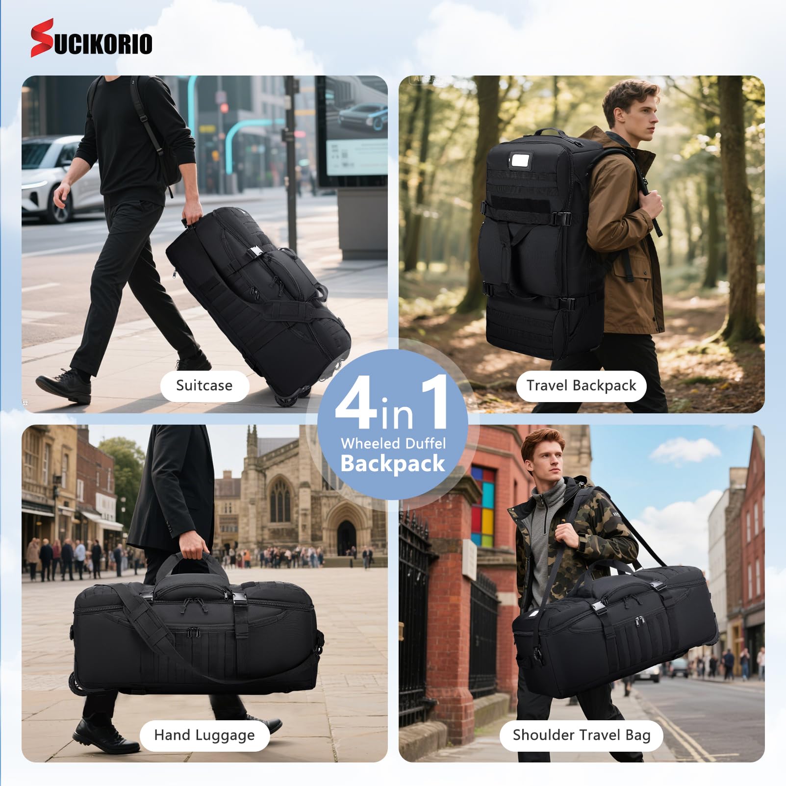Borsone da Viaggio Con Ruote, Impermeabile 3 In 1 Militare Zaino da Viaggio Aereo Bagaglio a Mano con Lucchetto Combinazione 3 Cifre Grande 85L XL Trekking Borsa da Viaggio Unisex Weekender