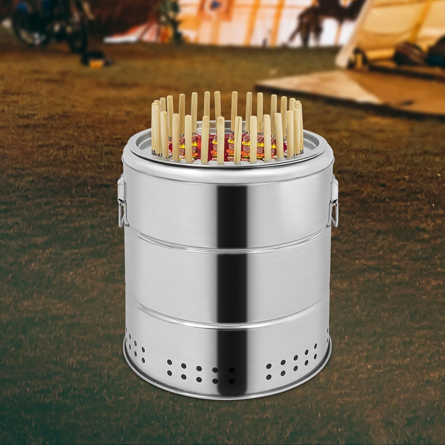 Griglia A Carbone Sospesa Senza Fumo, Affumicatore Verticale Portatile A Carbone, con 30 Spiedini, Secchio per Barbecue in Acciaio Inox, Ideale per Campeggio, Picnic E Feste in Giardino.