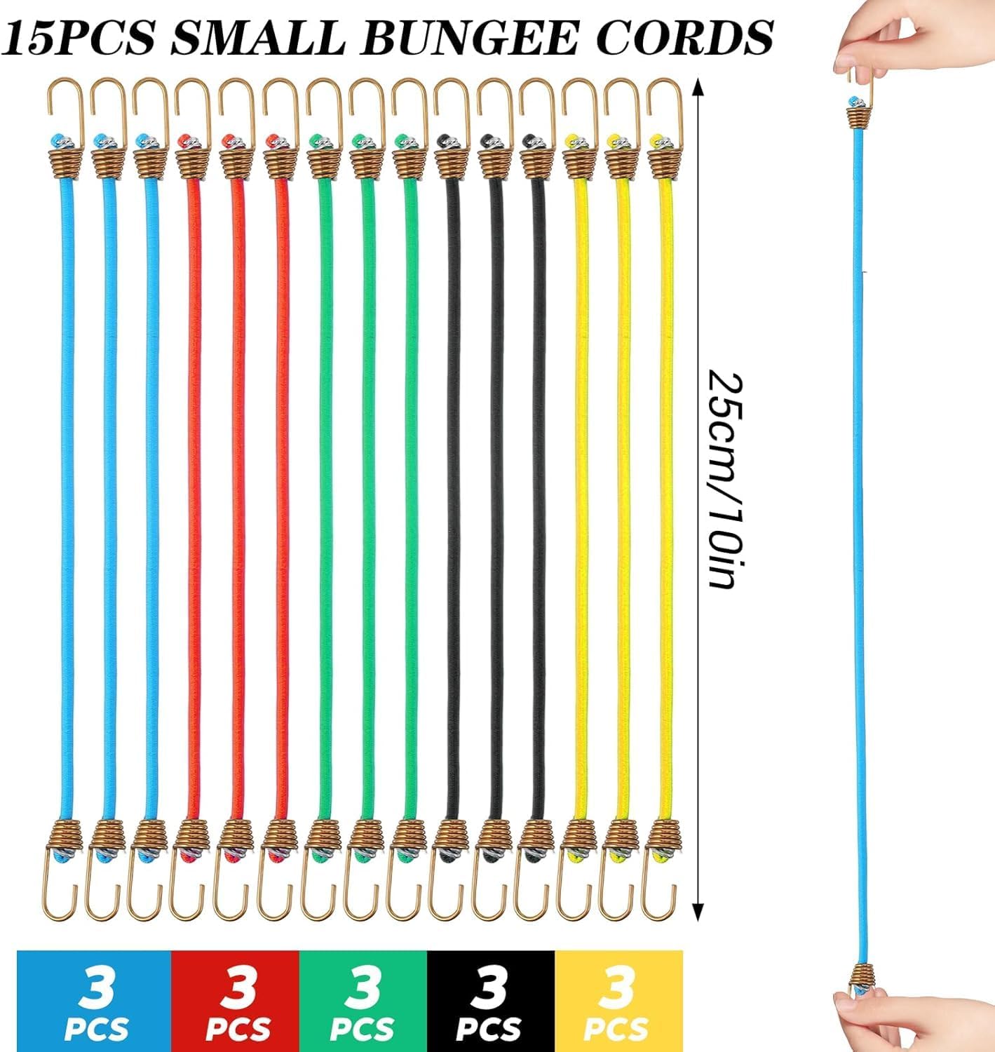 15 Pack Heavy Duty Elastic Bungee Cords with Hooks,11 Inch for Outdoor Camping Small Stretchy Cord for Luggage Roof Racks Tents Tarps (Black,Green,Yellow,Orange,Blue)