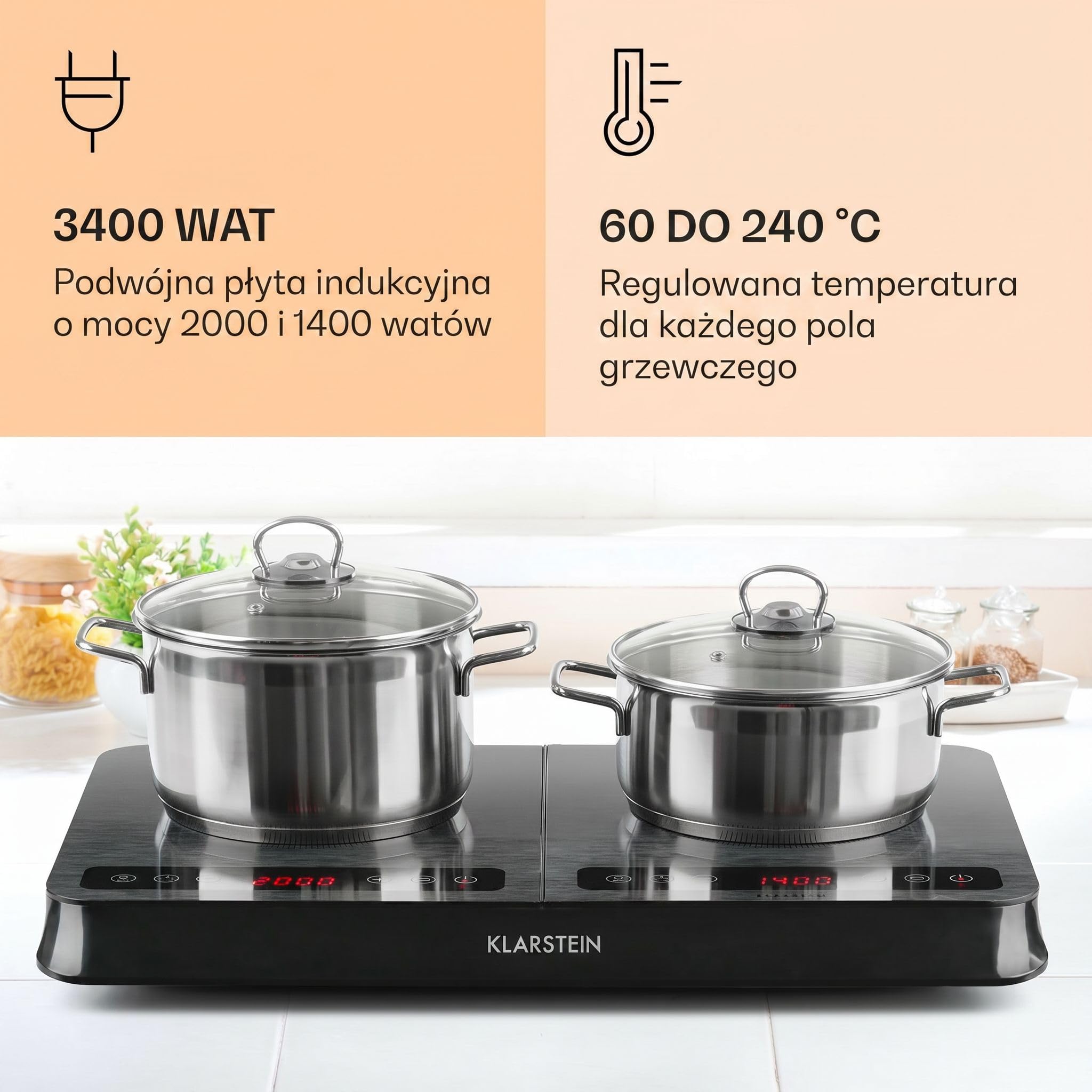Klarstein InnoChef - Podwójna płyta indukcyjna, 3400 W, Sterowanie dotykowe, Czujnik garnka, Timer wyłączania, 10 stopni, Zabezpieczenie przed przegrzaniem, Szkło ceramiczne, czarno-szara melanż