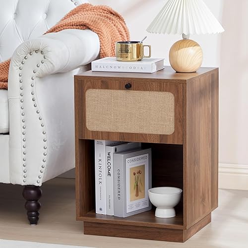 Miniatura 17 de Juego de 2 mesitas de noche con 2 cajones, mesitas de noche de estilo de mediados de siglo con panel de lino natural, mesa de noche de madera, mesa