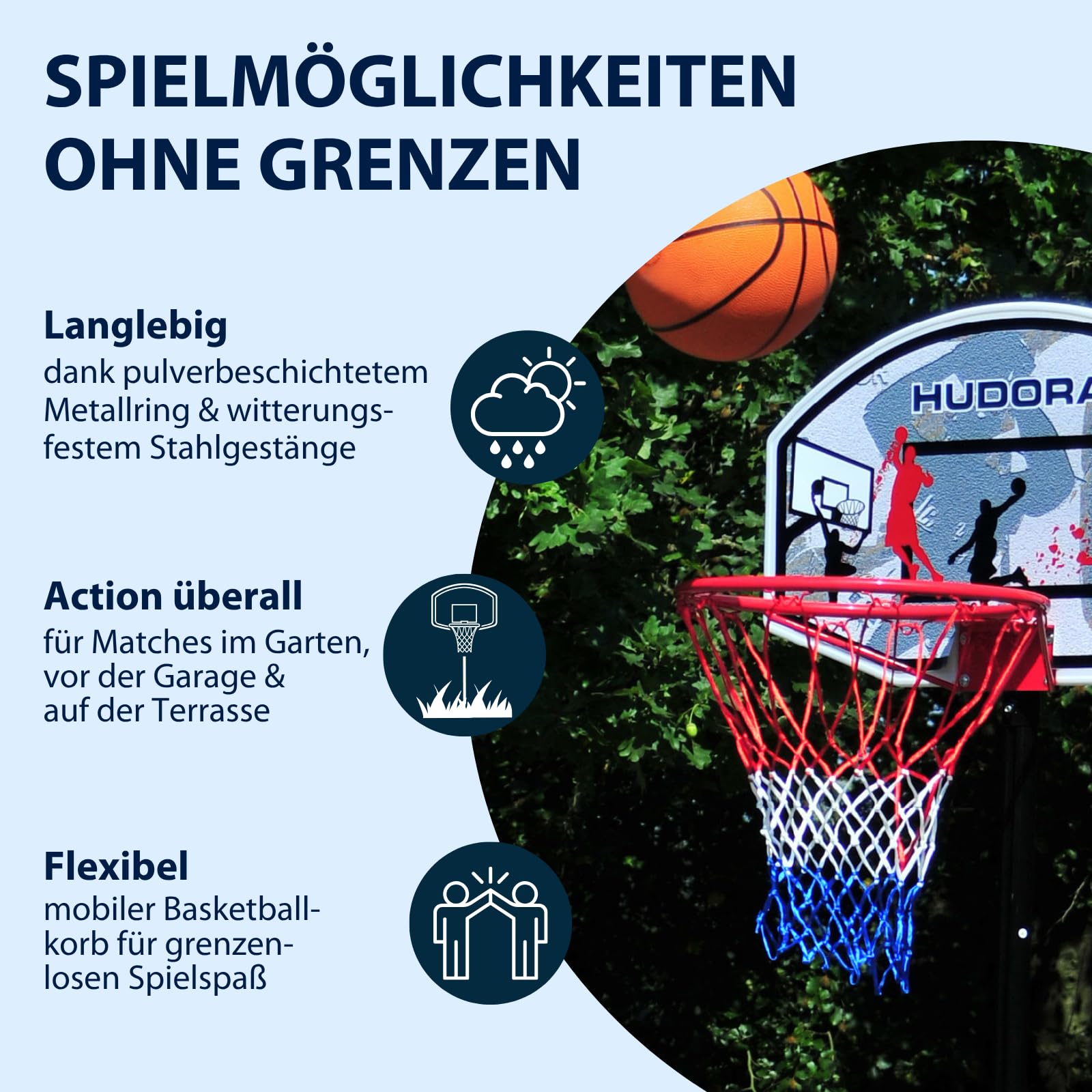HUDORA Basketballständer All Stars 205 - höhenverstellbarer Basketballkorb mit Ständer für Kinder und Jugendliche - Mobiler Outdoor Korb für den Garten - mit Rollen und Standfuß