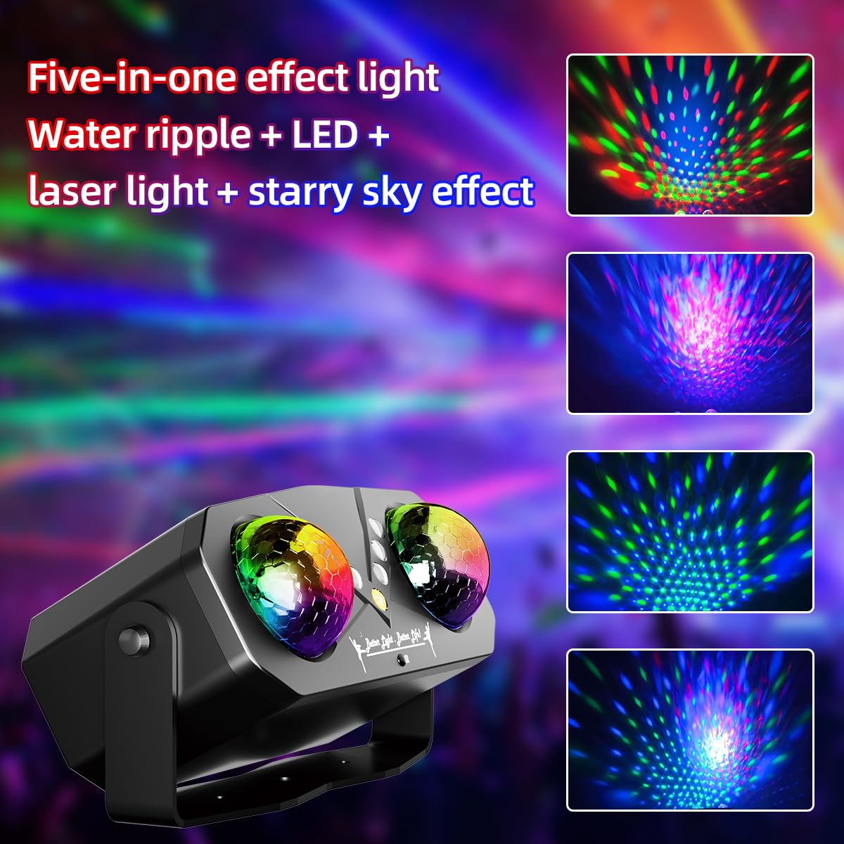 Un projecteur polyvalent avec deux options d'éclairage RGB, éclairage LED et éclairage DJ, idéal pour les réunions de famille, les fêtes et autres événements.