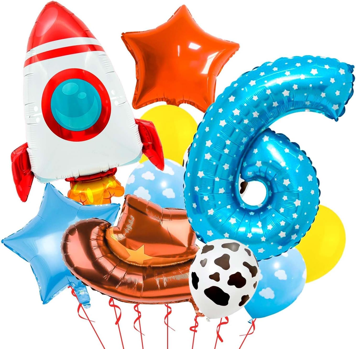 AM ANNA Toy Themed Number 6 Balloon, Happy Birthday Balloon, Colorful Balloons with Rocket and Cowboy Hat, Rainbow Balloons for Kids Birthday Party