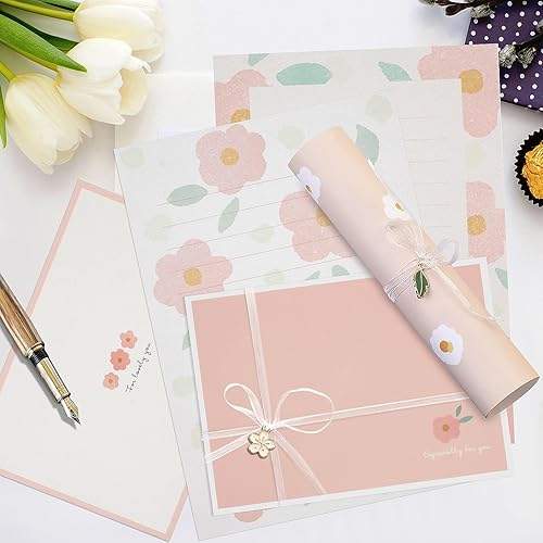 Miniatura 2 de Juego de 48 piezas de papel y sobres, 16 piezas de papel de escritura estacionario forrado con 8 sobres a juego, bonito juego floral de papelería