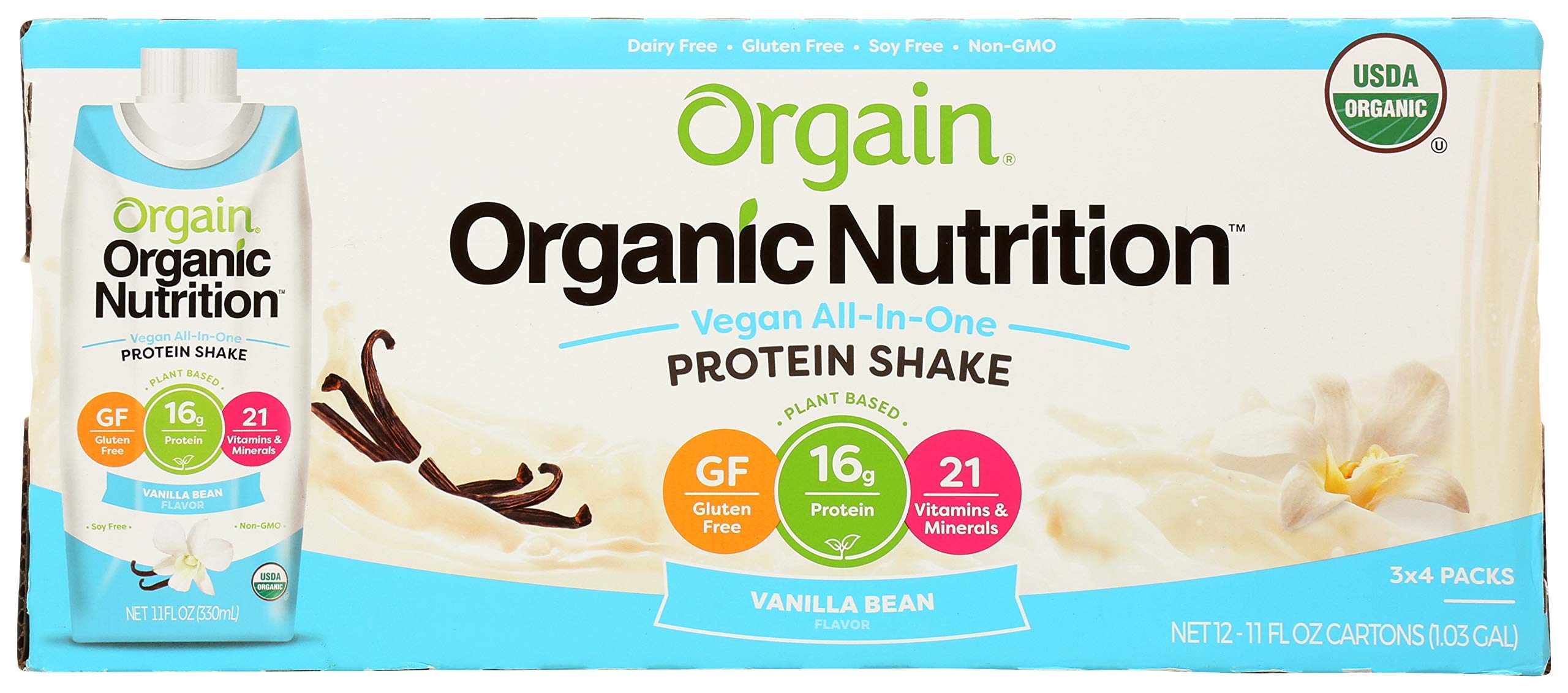Orgain Organic Vegan Plant Based Nutritional Shake, Vanilla Bean 11 Ounce, 12 Count