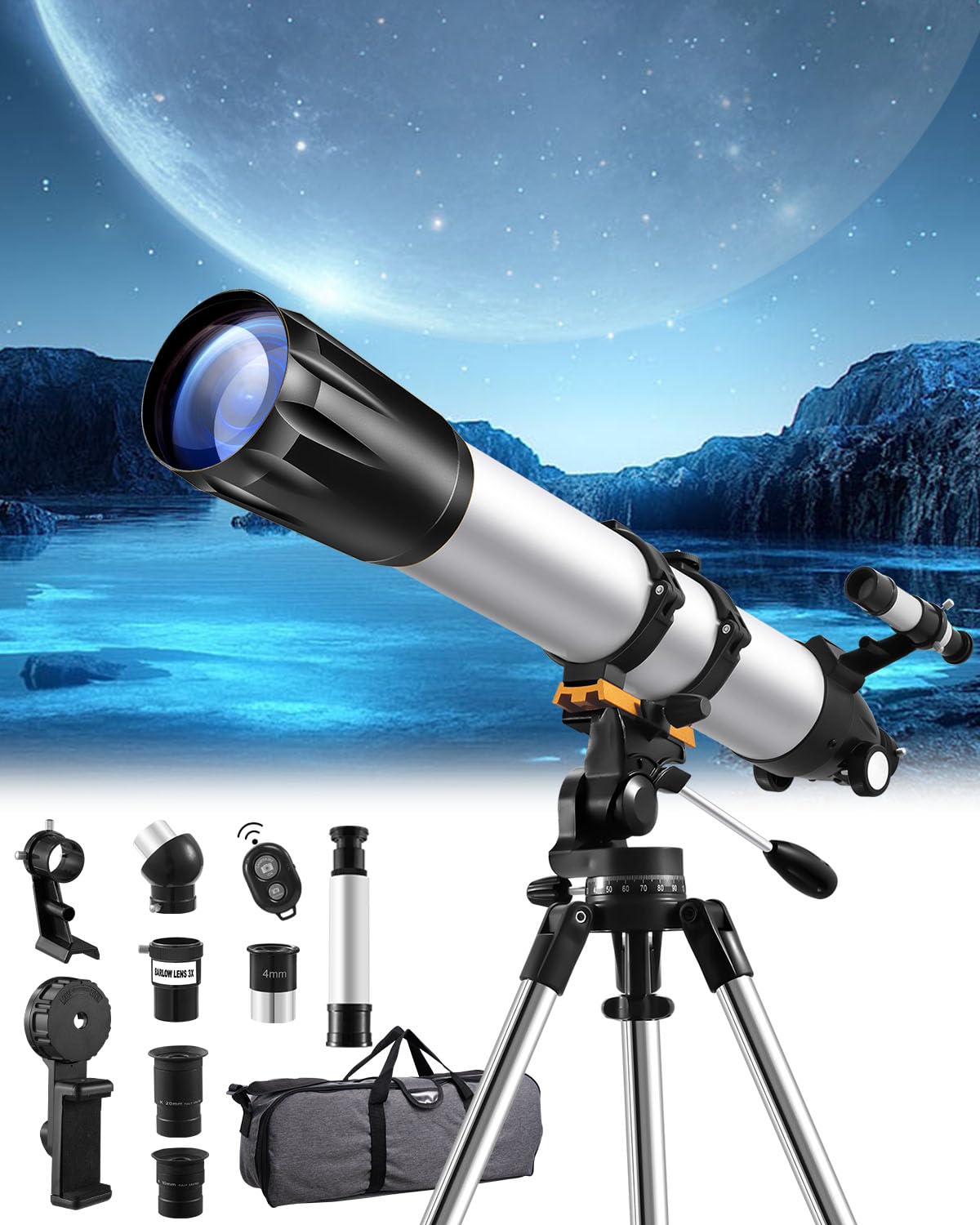 Telescopio Astronómicos para Adultos, Telescopios Refractores con Trípode, Telescopios Refracción 90mm Apertura 900mm para Niños Principiantes, Telescope portátil con Barlow, Teléfono Soporte