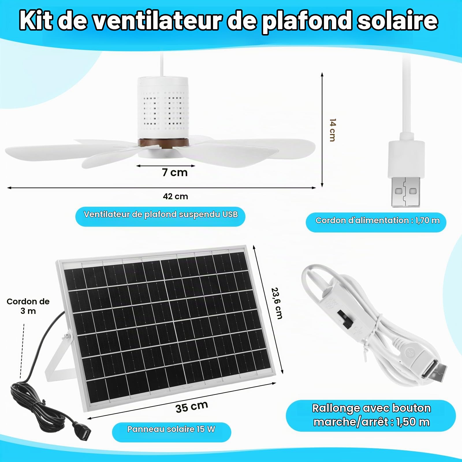 Kit de ventilateur de plafond solaire portable 15 W avec panneau solaire monocristallin USB à suspendre avec bouton marche/arrêt pour terrasse, camping, tente, poulailler, serre, abri de