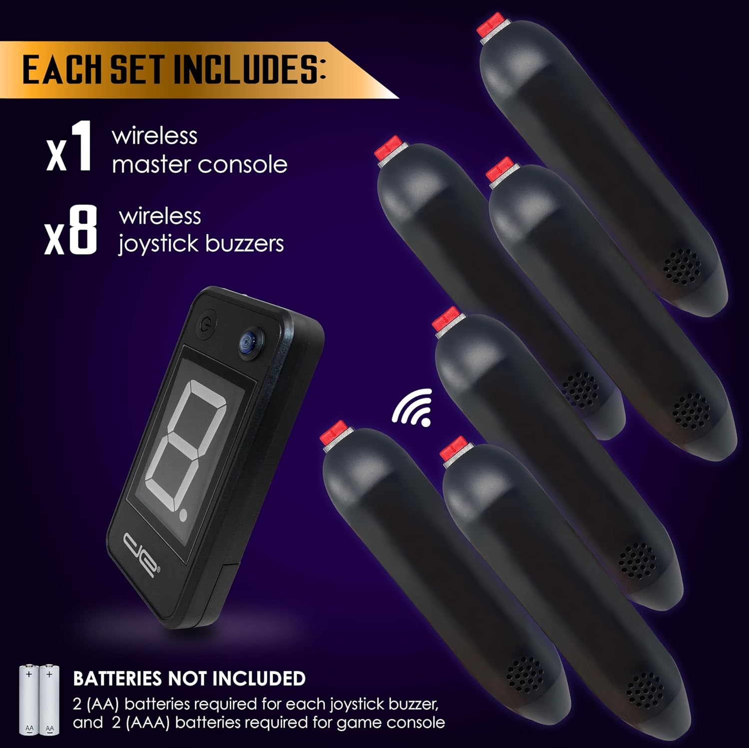 Digital Energy Wireless Handheld Game Buzzer System - Console Displays First Buzz-in - Great for Jeopardy, Family Feud, Trivia and Buzz Games - 8 Joystick Buzzers