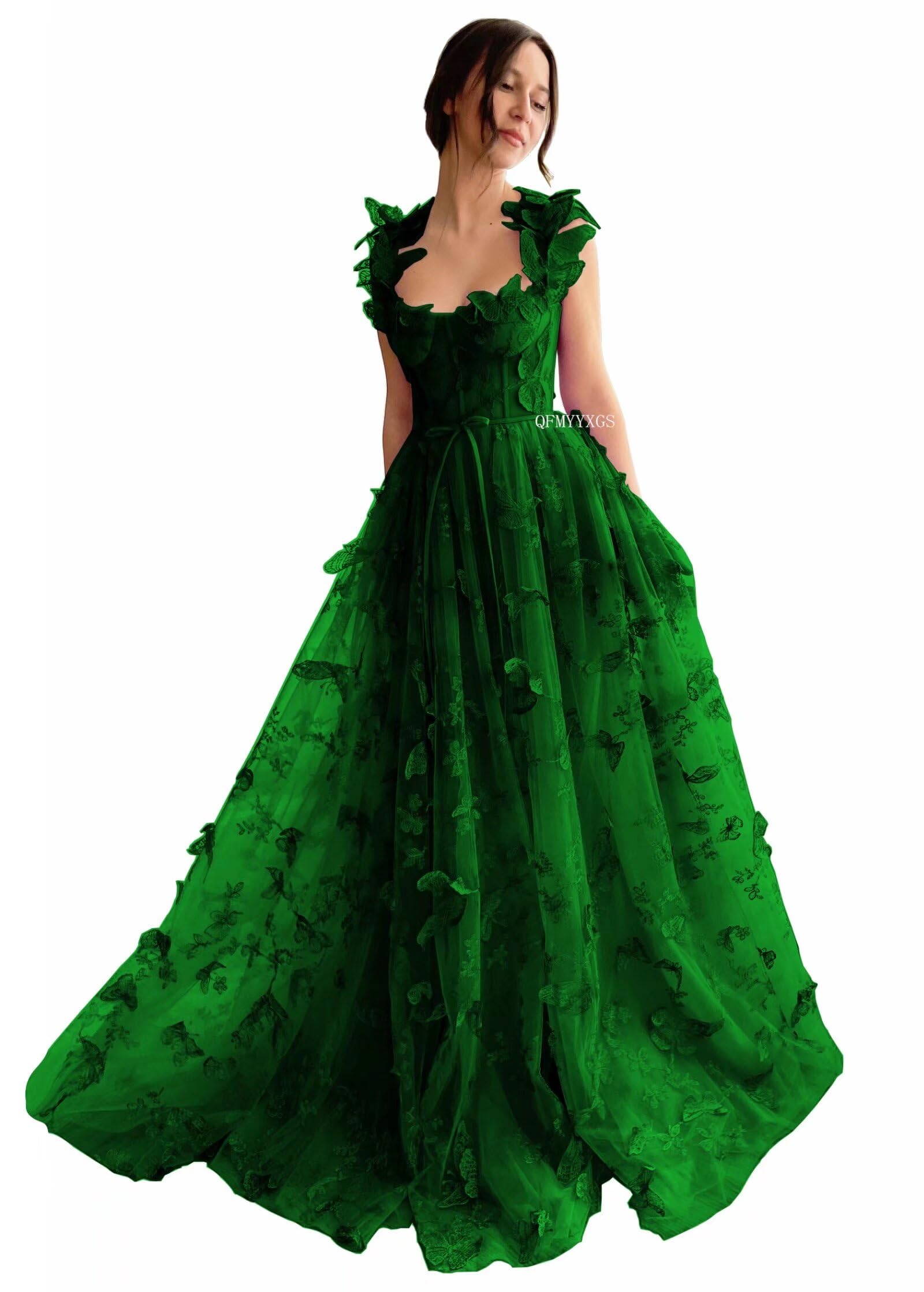 QFMYYXGS3D Butterfly Tulle Prom Dresses for Women 2025 Long Lace Applique Ball Gown Formal Evening Party Gown with Slit