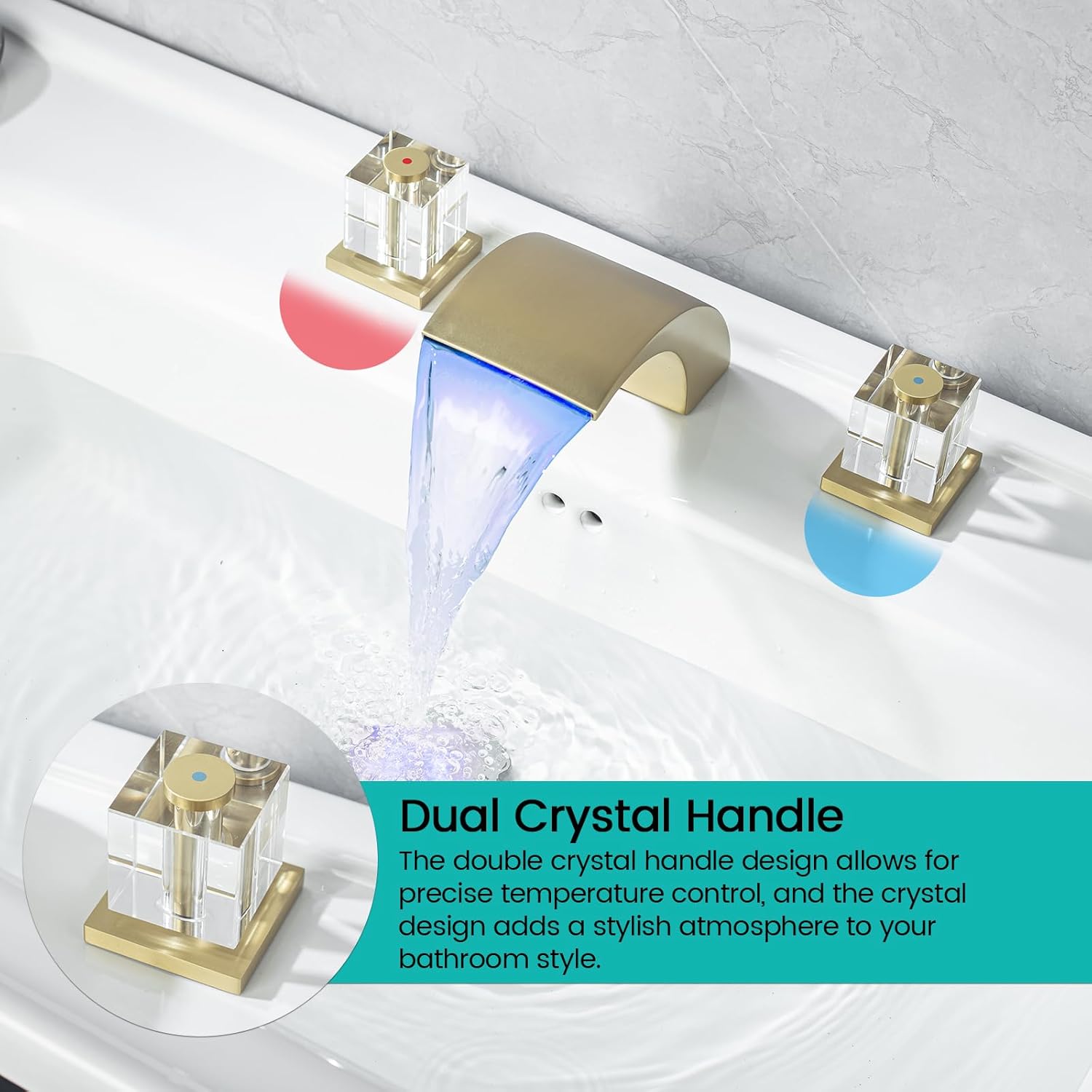 8 Inch 3 Hole Waterfall Bathroom Sink Faucet with Dual Crystal Handle Lavatory Vanity Faucets Crystal Sink Faucet Waterfall Basin Mixer Tap, Brushed Gold