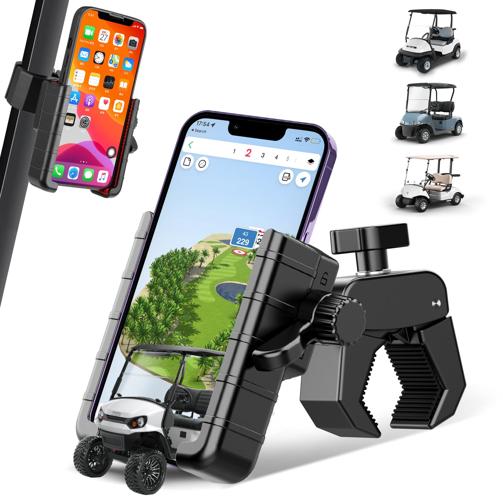 Photo 1 of Aliennana Upgraded Golf Cart Phone Mount Holder Compatible with EZGO/Club Car, 360° Rotatable One-Handed Pick & Place Universal Compatible with iPhone Galaxy Google Pixel, Golf Cart Accessories