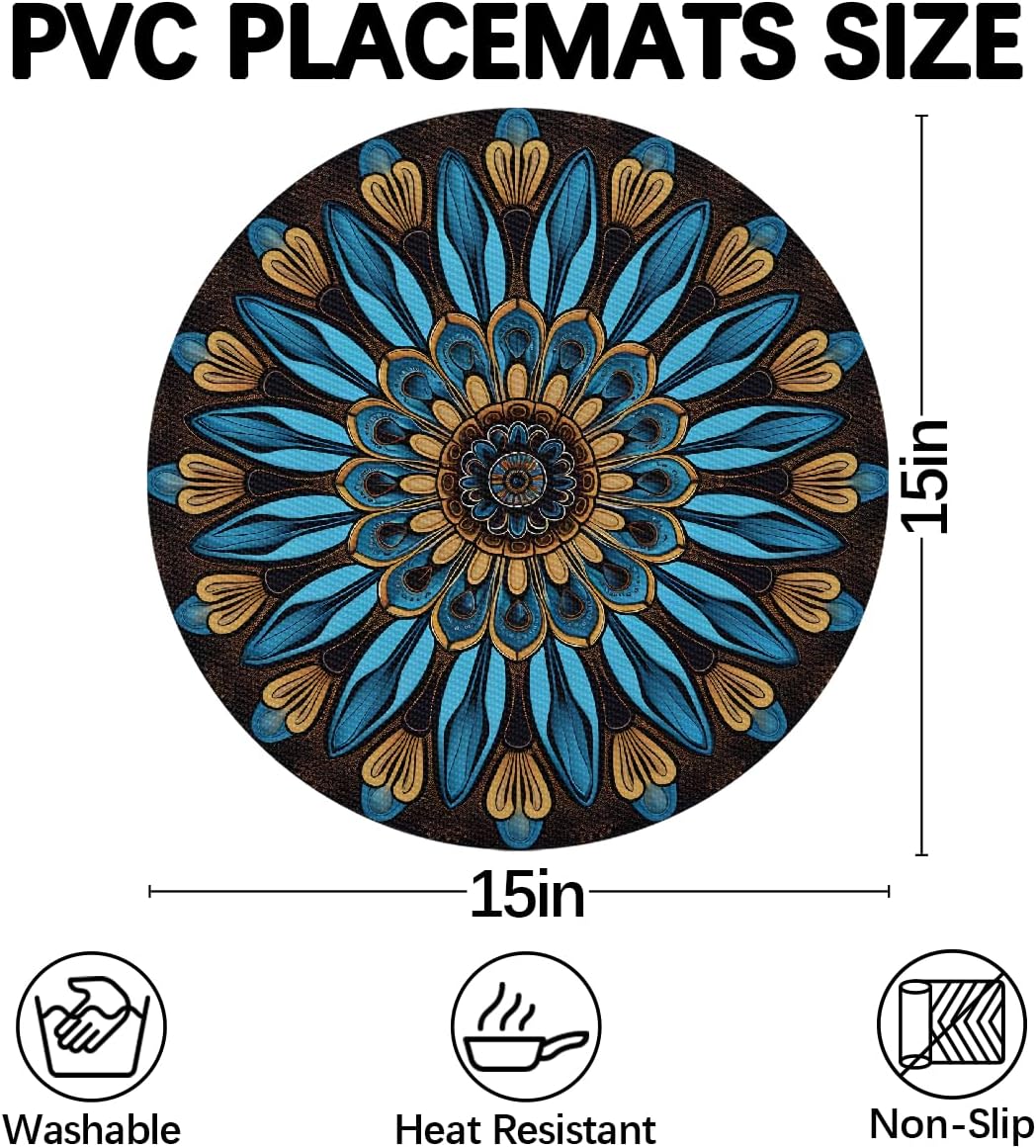 Mandala Blue Wedge Placemats Set of 6+1pcs PVC Washable Wedge Place mats Round Table mat Wipeable Plastic Dining Table mats for Kitchen Indoor Outdoor Patio Table Decor