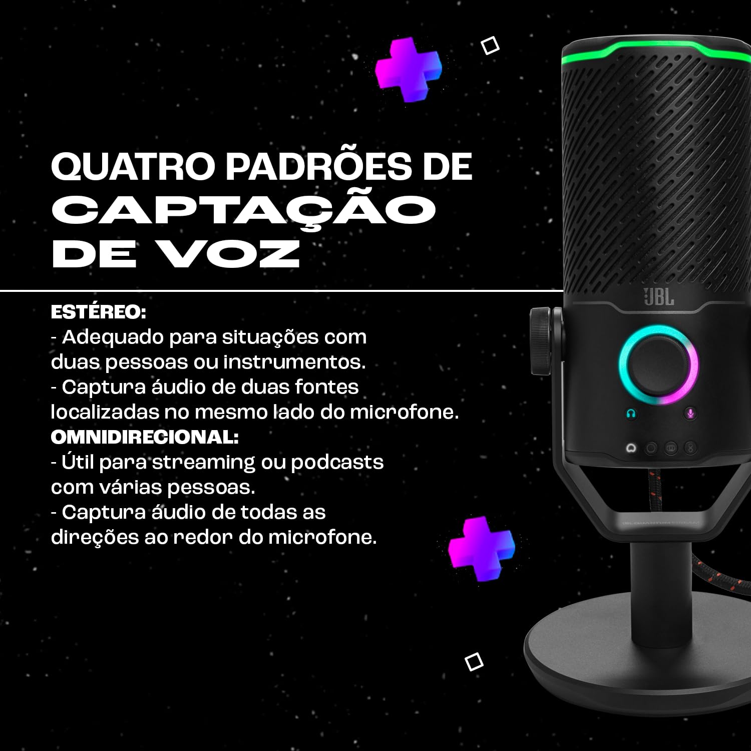 JBL Quantum Stream Studio, Microphone USB haut de gamme équipé de quatre modèles de prise de voix sélectionnables pour le streaming, l’enregistrement et le gaming, compatible avec JBL QuantumENGINE