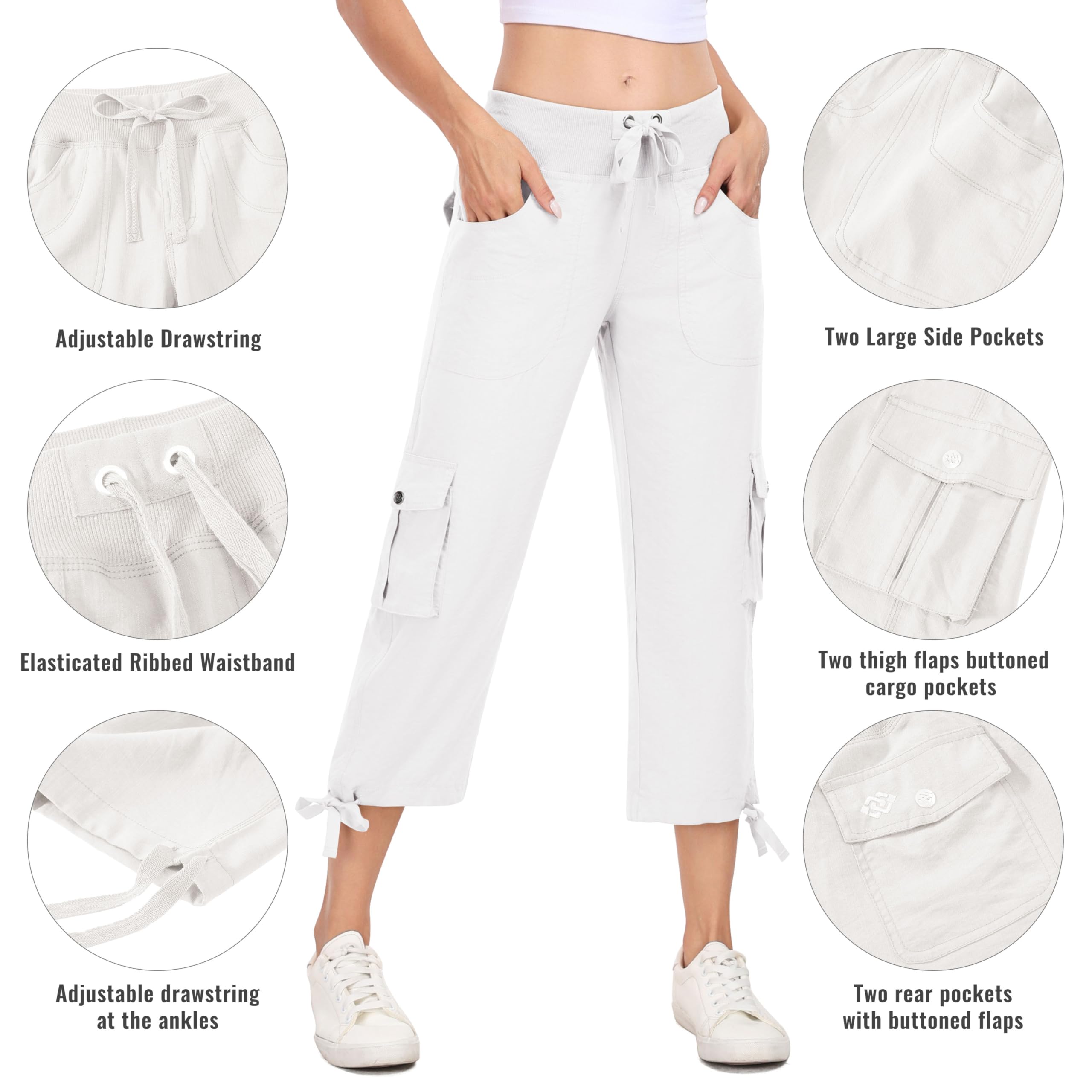 MoFiz Damen 3/4 Hose Sommer Cargohose Wanderhose Mode Caprihose Atmungsaktiv Jogginghose Reisehose Outdoorhose mit 6 Taschen