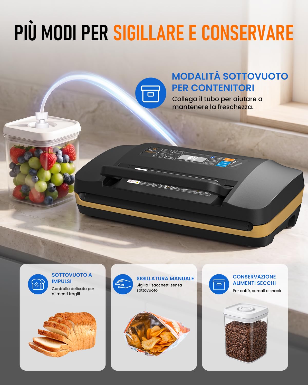 Macchina Sottovuoto Alimenti Professionale 95 kPa, Macchina per Sottovuoto per Alimenti 18 in 1, Sigillatrice Sottovuoto, Doppia Sigillatura, Taglierina e Vano Porta Rotolo, Sous Vide