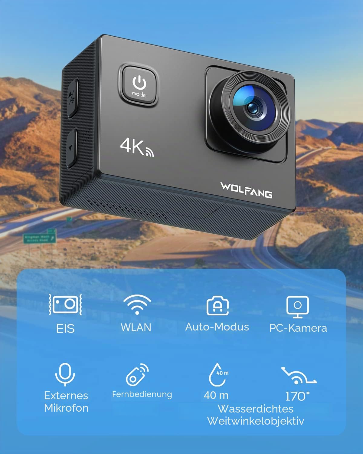 WOLFANG Action Cam GA100 Neu,4K 20MP, Unterwasserkamera WiFi 40M wasserdichte,EIS Bildstabilisator,Helmkamera,170° Weitwinkel,Camcorder,Externem Mikrofon, 2.4G Fernbedienung, 2 Akkus und Zubehör Kit