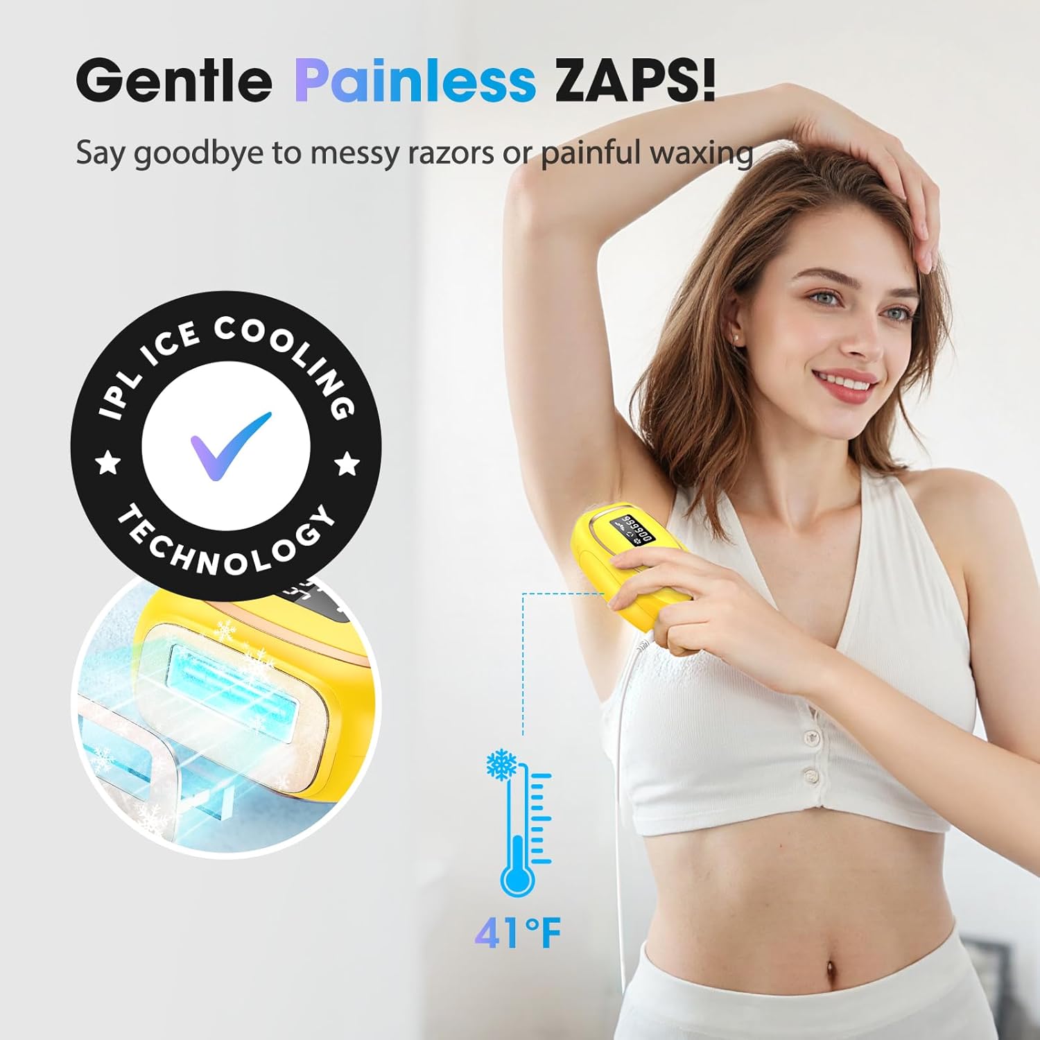 IPL Laser Hair Removal Device for Women & Men - Home 45°F Ice-Cooling Contact for Painless & Long-Lasting Results, 86% Hair Reduction in 3 Weeks for Full Body & Bikini Line, Yellow