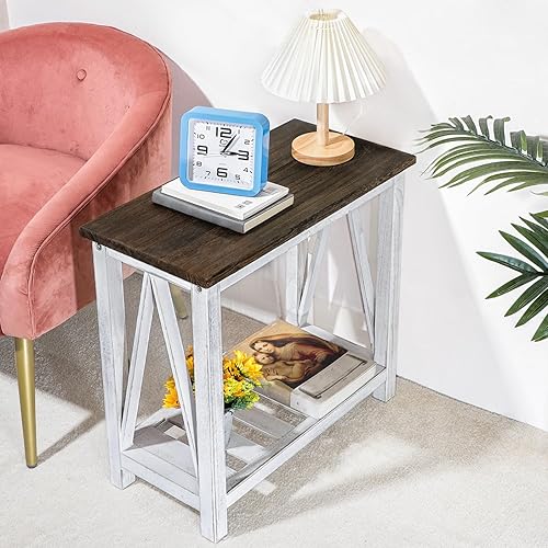 Miniatura 2 de Farmhouse End Table Narrow Side Table Living Room Slim End Tables with Storage Shelf 2 Tier Nightstand for Bedroom Hallway Dormitory, Rustic Brown