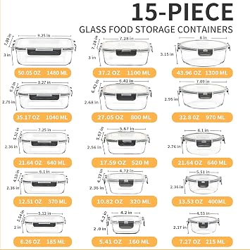 Skroam 30 Pcs Glass Meal Prep Containers, Food Storage Containers with Lids | Lunch Containers, Microwave, Oven, Freezer and Dishwasher Safe, Borosilicate Glass, Airtight & Leakproof, Organize with Ease