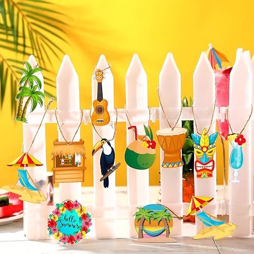 Miniatura 5 de Geelin 36 piezas de adornos colgantes de madera de Navidad, adornos de Navidad de playa, decoraciones colgantes de madera hawaiana con cuerda para