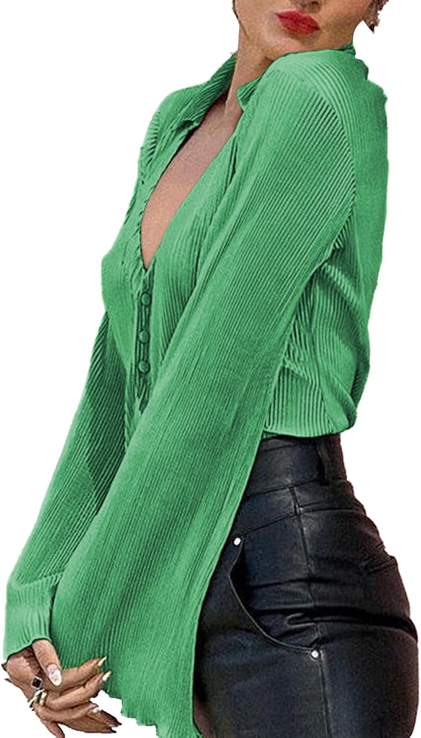 LYANER Women's Deep V Neck Button Front Bell Long Sleeve Blouse Shirt Top - Image 4