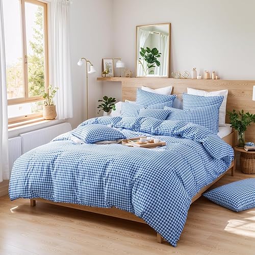 Miniatura 27 de FADFAY Juego de funda de edredón de cuadrícula azul, tamaño individual, 100% algodón, ultra suave, a cuadros, reversible, con cierre de cremallera