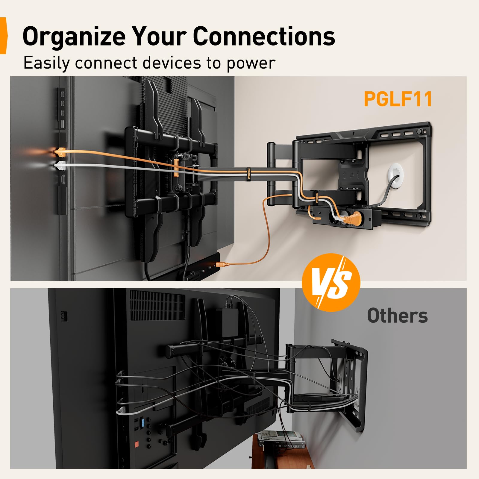 Perlegear W pełni ruchomy uchwyt ścienny do telewizora z listwą zasilającą, 42"-90", 68 kg, wstępnie zamontowany uchwyt TV, płynnie obracany obrót, nachylenie, przedłużenie, VESA 600 x 400 mm, PGLF11