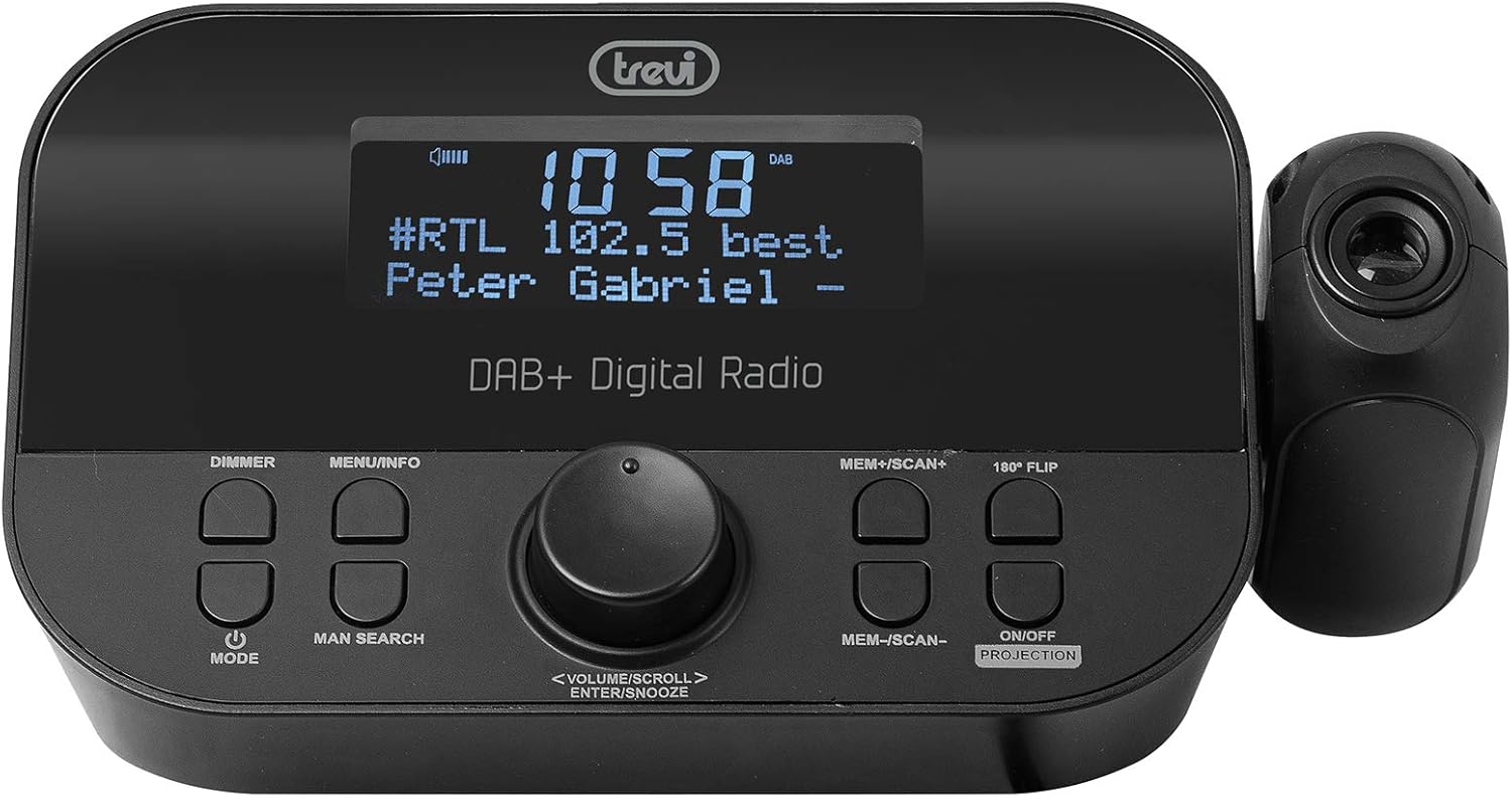 Trevi RC 85D8 DAB Digital Alarm Clock Radio with time projected on a surface