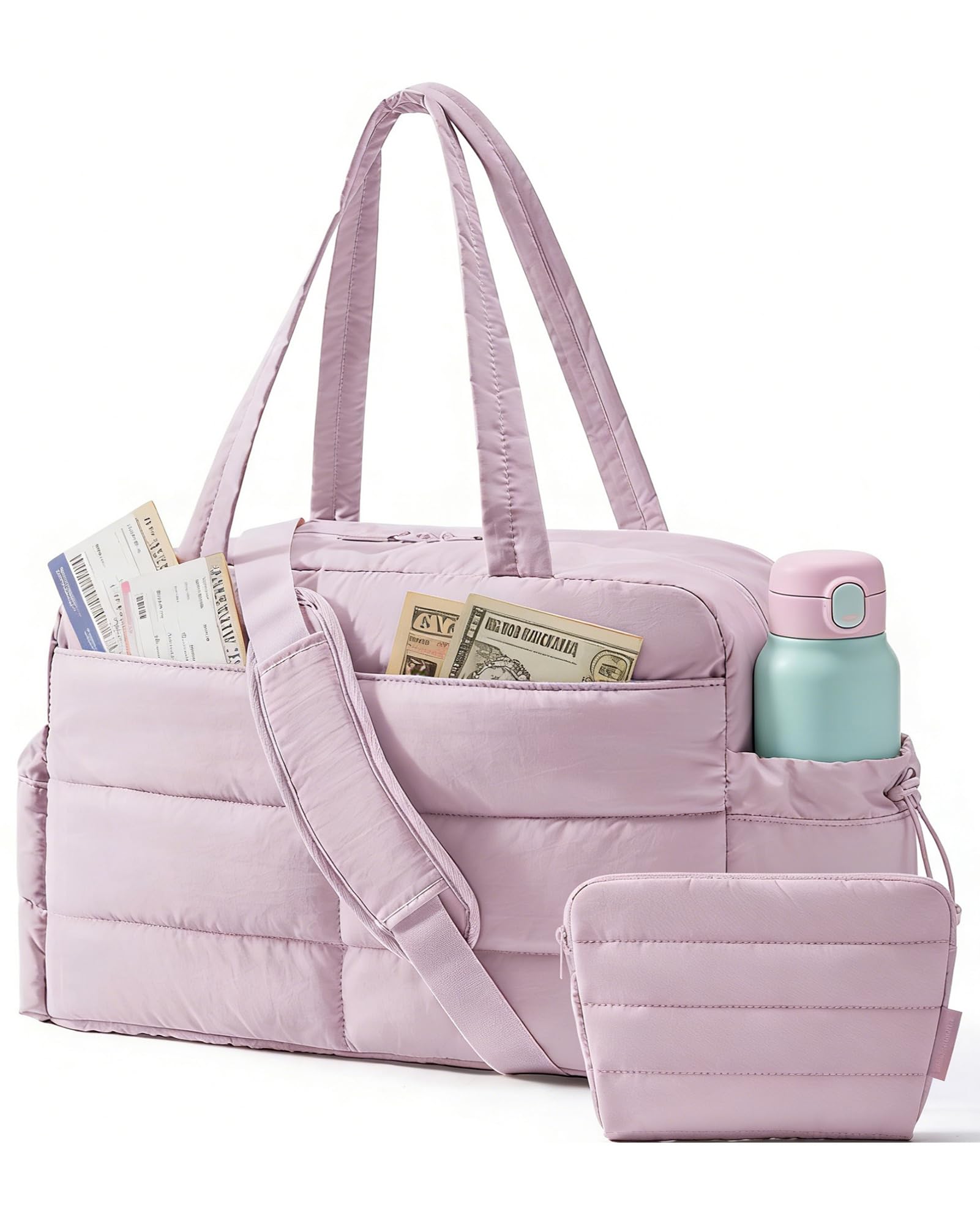 BAGSMART Gym Bag for Women, Lightweight Puffer Duffle Bag 2-PC Travel Bag, 31L Weekender Overnight Bag Quilted Carry On Tote Bag, Diaper Hospital