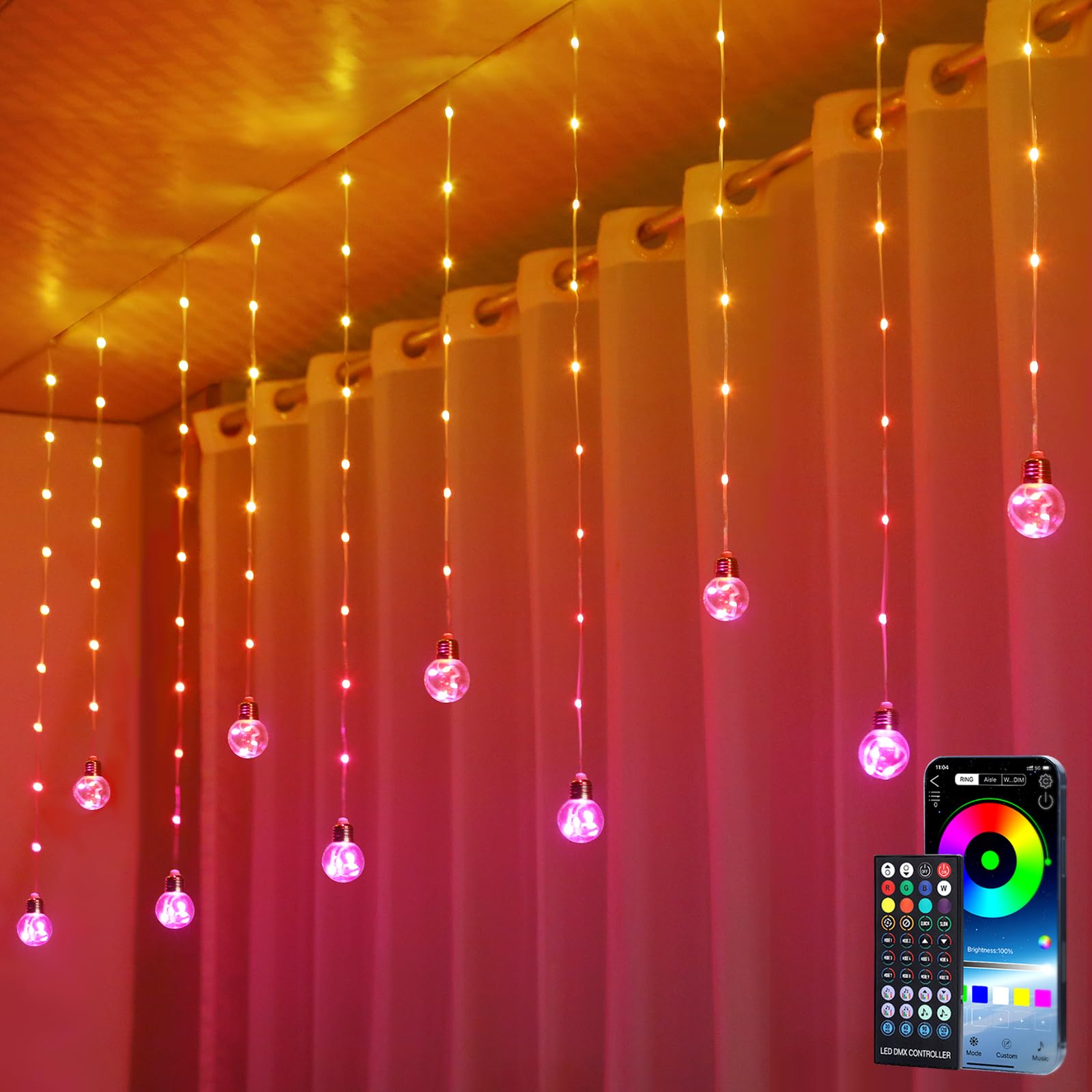 KepStars Wishing Ball Curtain Lights, 10ft x 3.3ft RGB LED Color Changing String Fairy Lights Curtain, Smart APP & IR Remote, 200+ Scene Modes for