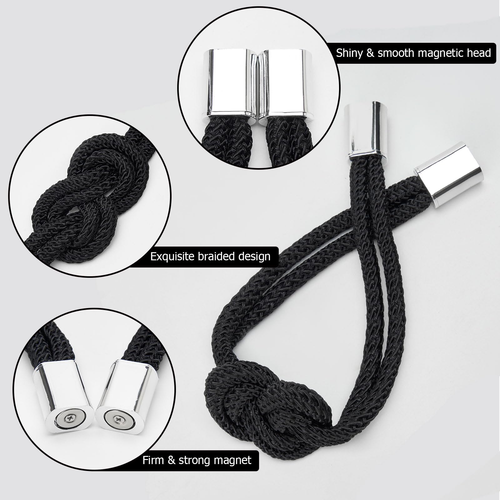 Pretty Jolly 2 Pack Mini Magnetic Curtain Tiebacks Nordic Simple Style Drape Tie Backs Elegant Hand Weave Rope Knot Decorative Curtain Holdbacks for Home & Office Window Drapery (Black) - Image 3