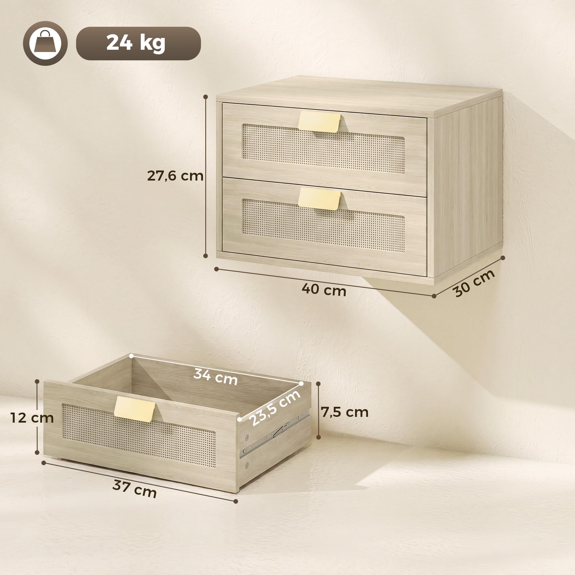 HOMCOM Juego de 2 Mesitas de Noche Flotantes 40x30x27,6 cm Roble