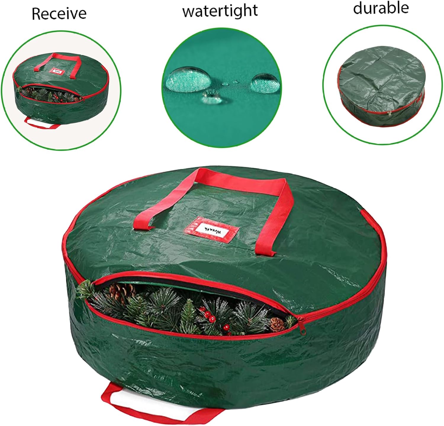 Christmas Ornament Storage, Wreath Storage Bag, 27.6 x7.9 Inch Christmas Wreath Storage Box, Tear Resistant Wreath Storage Box with Zipper and Handles for Wreath, Green