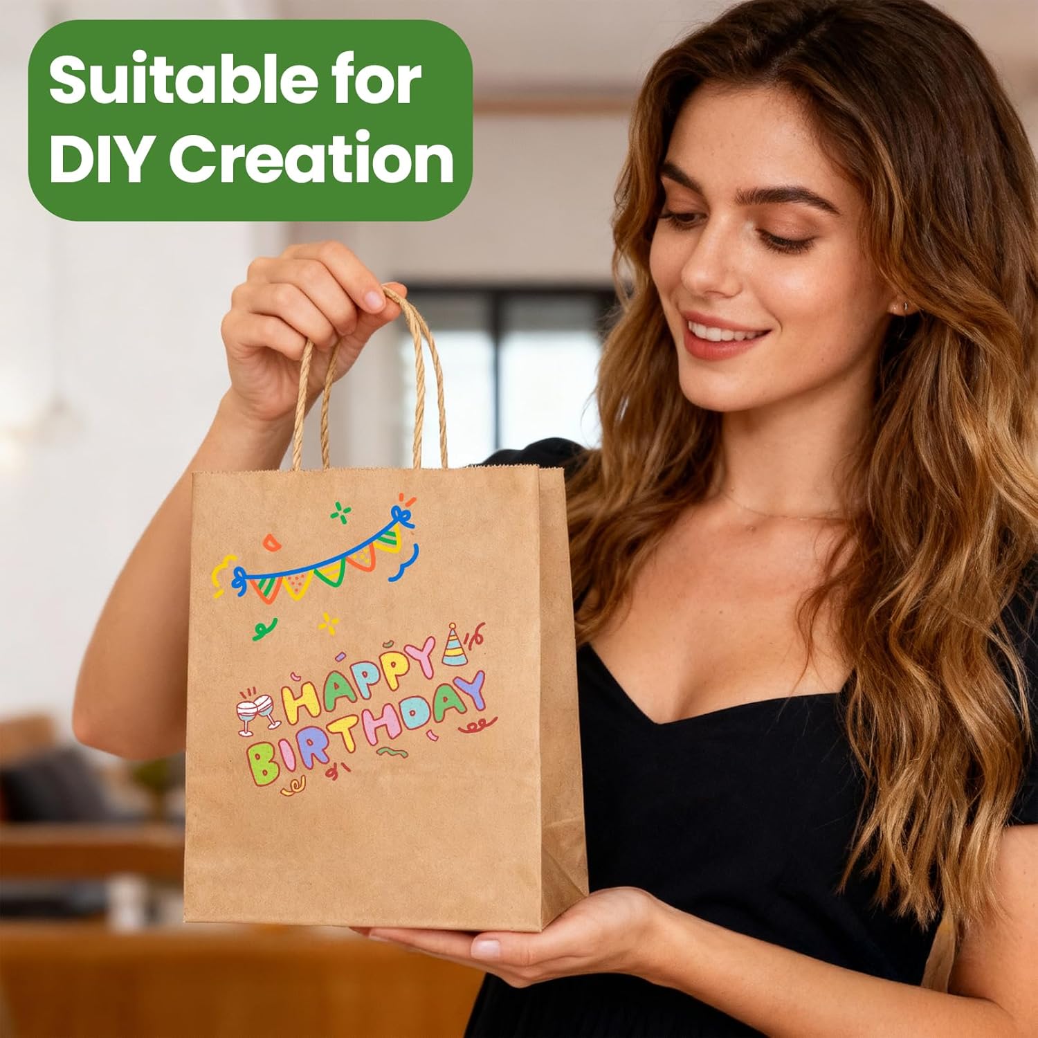 Xvvirnt 100 Pcs Brown Paper Bags, 8X4.3X10inch Gift Wrap Bag Bulk, Kraft Paper Bags with Handle for Small Business, Grocery Shopping Retail, Party Favor, Birthday Party, (Natural, Medium Size)