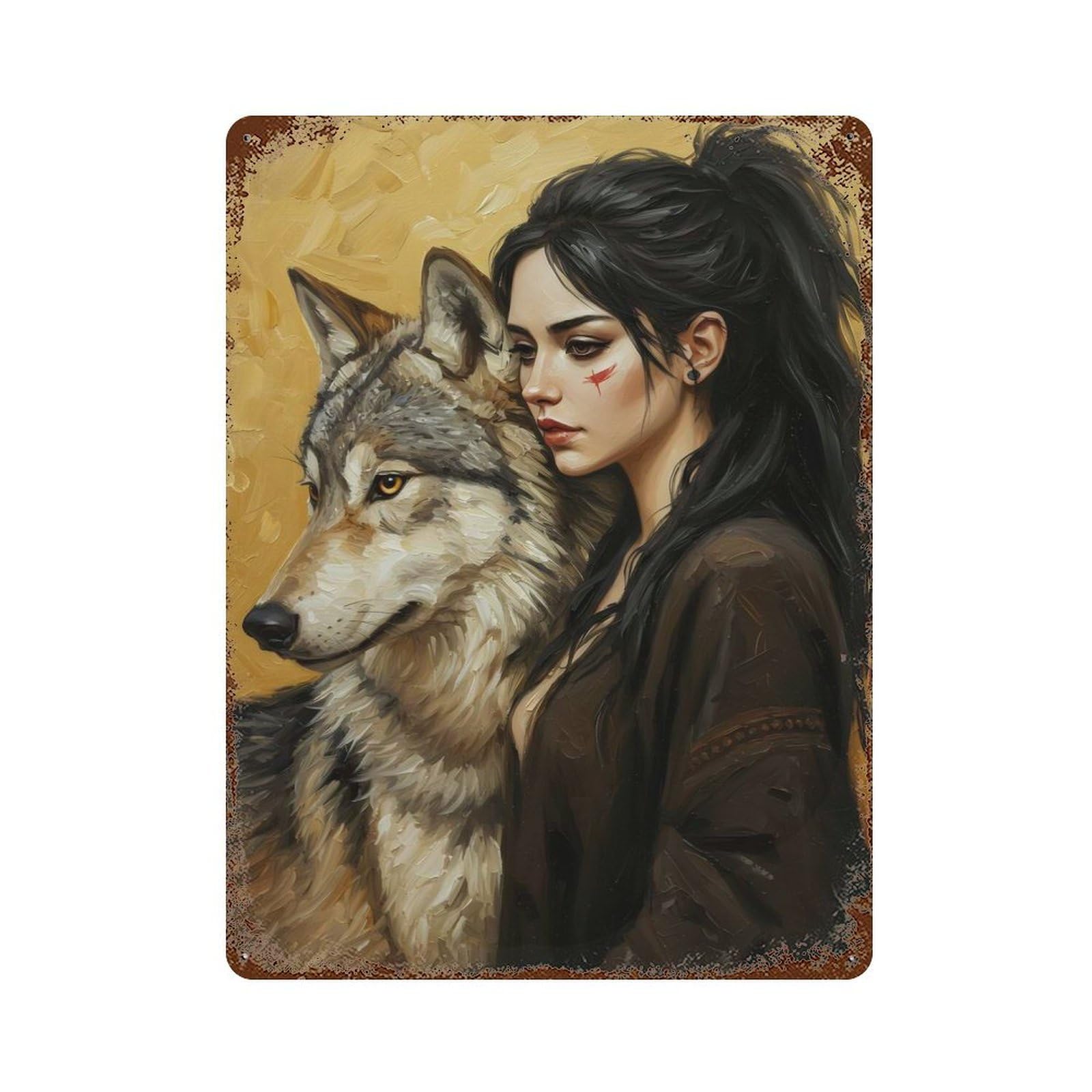 Woman And Wolf Portrait Distressed Metal Wall Sign 15.7"x11.8", Ideal for Garage, Bar And Workshop Decor
