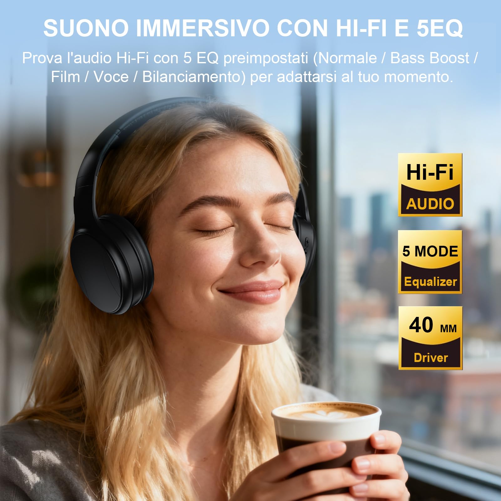 Cuffie Senza Fili per TV, Dual-mode Bluetooth 5.4 e 2.4G RF con trasmettitore, 5 Preset Equalizzatore con Dialoghi Chiari, Microfono Integrato per Chiamate, Cuffie TV, Nero