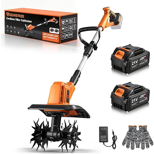 Cordless Electric Tiller Cultivator, 21V Battery Powered Garden Tiller with 2×4.0Ah Batteries, 9″ Tilling Width & 6.6″ Depth, 360RPM 48 Rust-Resistant Blades for Soil & Gardening