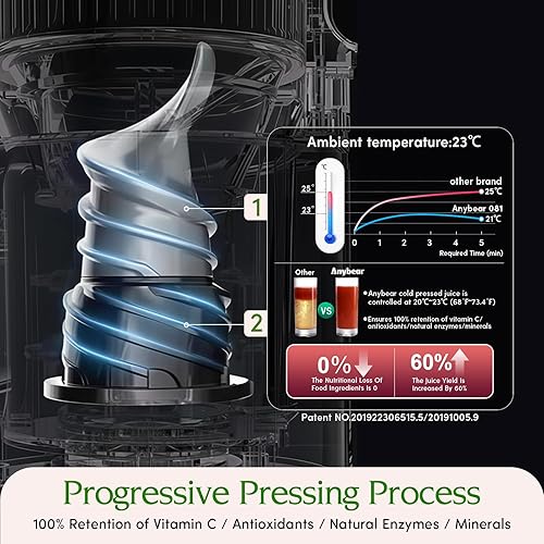 Miniatura 2 de Anybear Exprimidor de prensa en frío, máquina exprimidora de masticación lenta de 350 W, conducto de alimentación extra ancho de 5.1 pulgadas, apto
