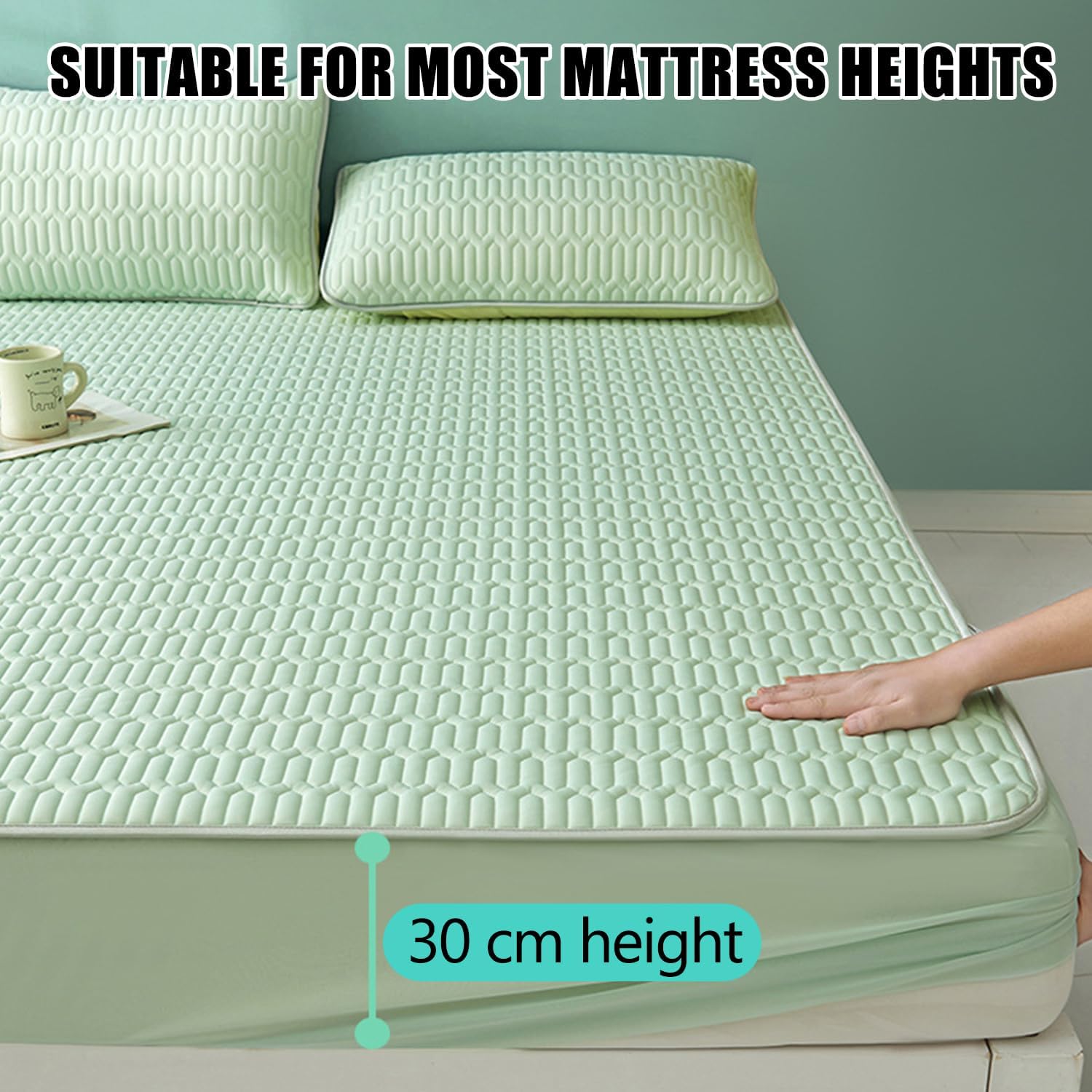 Cooling Mattress Protector King Size Quilted Latex Fitted Sheet Cool Silk Mattress Cover Cool Mat Machine Washable for Dormitory Bedroom Deep Pocket of 12In﻿,Blue,90 * 200cm