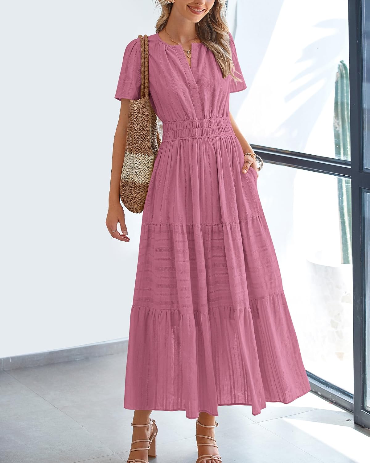 BTFBM Womens Summer 2026 Casual Midi Maxi Dresses Lightweight Short Sleeve V Neck Elastic Waist Boho Beach Dress Pockets thumbnail