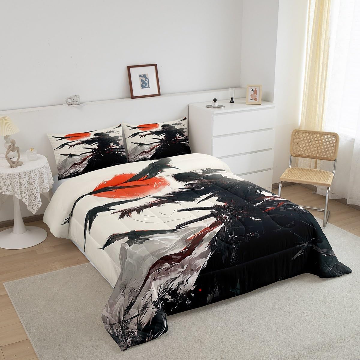 Castle Fairy Japanese Comforter Queen for Kids Adults Youth,Retro Watercolor Sunset Traditional Painting Quilt Comforter Room DecorRustic Japanese Style Quilted Duvet Duvet Insert,2 Pillowcases